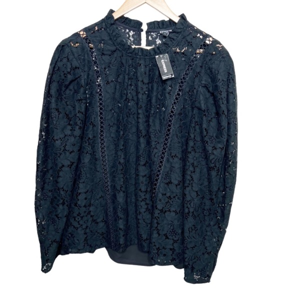 New with Tags Expess Women's Lace Puff Long Sleeve Top Black Mock Neck Blouse - Picture 3 of 16